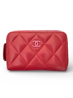 Chanel Red Quilted Lambskin Leather and Pink CC Zippy Card Holder Pouch